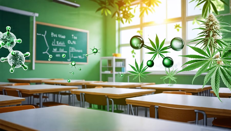 Conceptual illustration depicting a classroom where the molecular structures of CBD and THC are subtly integrated into the environment, representing the discussion of CBD and THC use in educational settings.