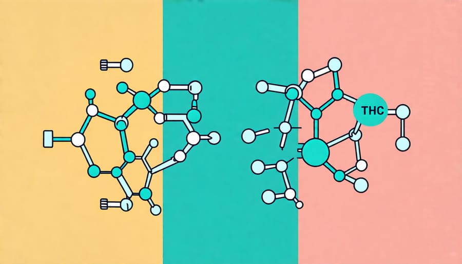 Illustration showing the molecular structures of CBD and THC with differences highlighted