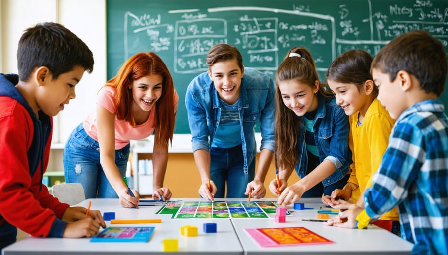 Illustration showing a diverse group of students engaging in interactive classroom community games, fostering teamwork and cooperation.