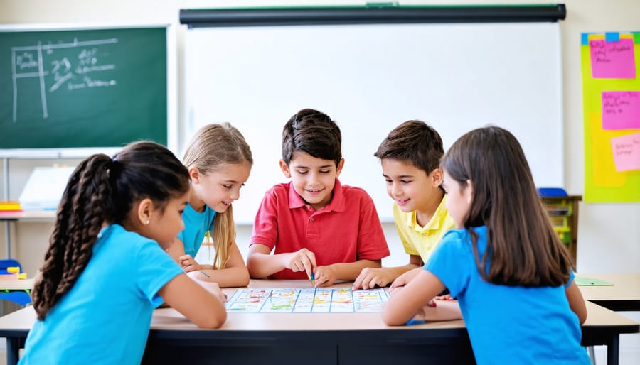 A group of diverse K-12 students engaged in a teamwork-focused classroom game