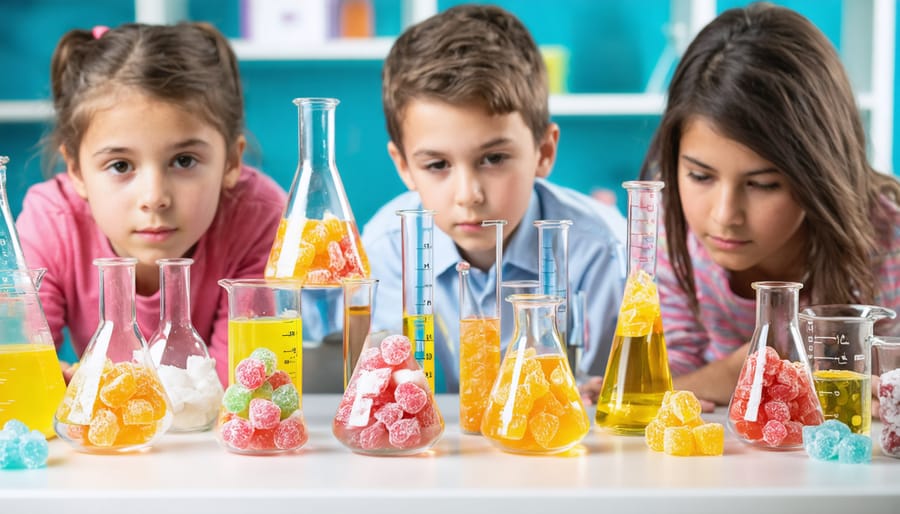 Students in a classroom conducting a freeze-dried candy experiment with beakers and thermometers, observing physical changes in candy and documenting results.