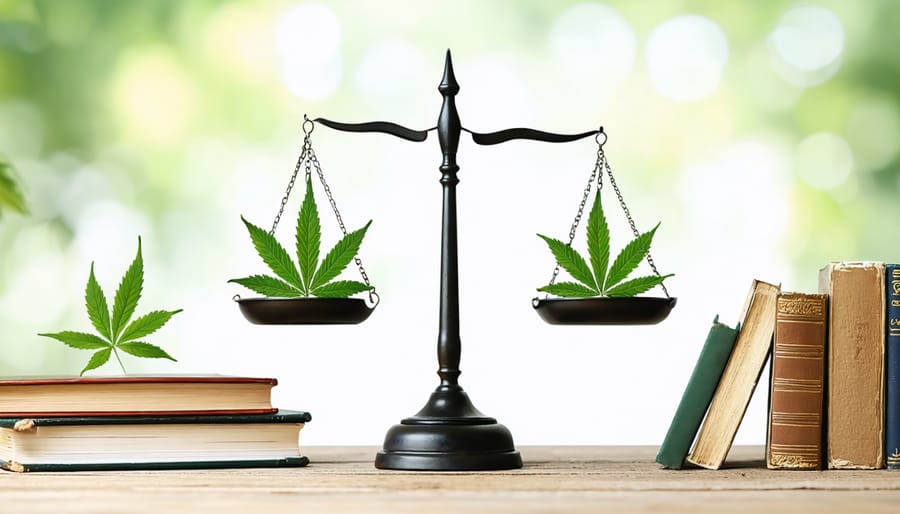 Conceptual illustration of a balance scale with educational symbols on one side and Kratom leaves on the other, set against a school backdrop, representing the debate over Kratom's role in K-12 education.