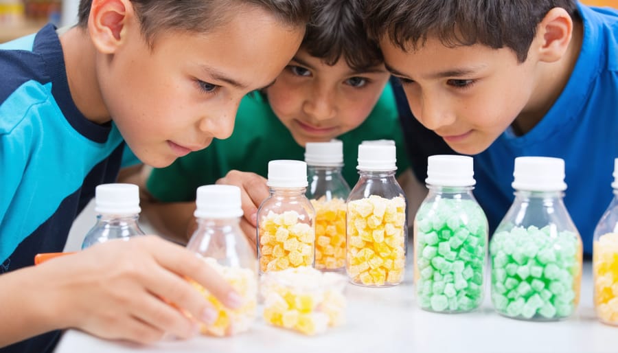 Group of students engaged in a freeze-dried candy experiment, showing equipment and procedure