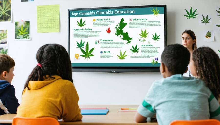 "A diverse group of students and a teacher interactively engaging with cannabis education content displayed on a smart board in a classroom, depicting an age-appropriate and collaborative learning setting with representations of Canadian provinces."