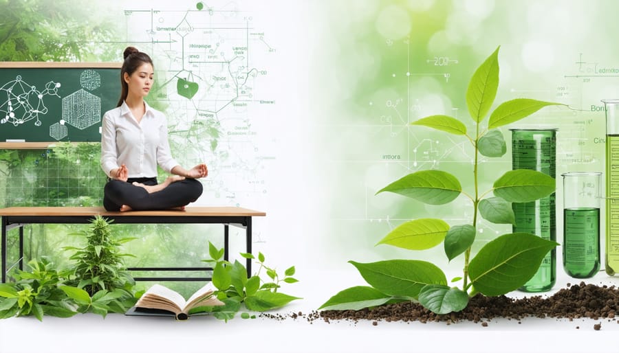 Conceptual image illustrating the balance of traditional and modern wellness strategies for educators, featuring a classroom setting, kratom leaves, and scientific research elements.